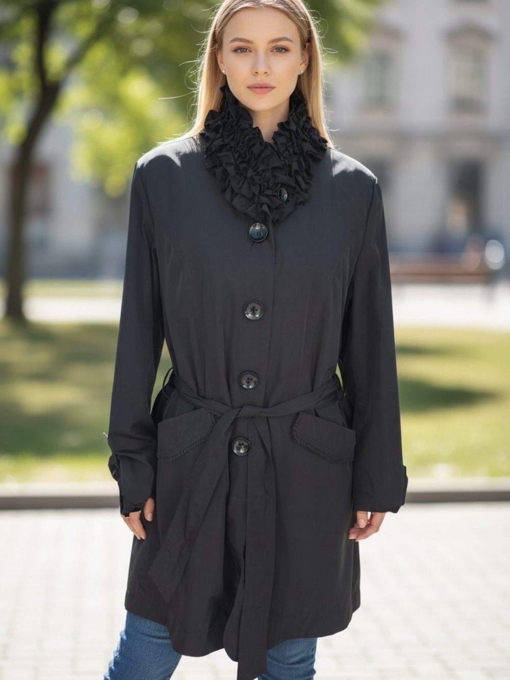 London Fog Black Ruffle Collar Belted Trench Coat Jacket - Size Medium